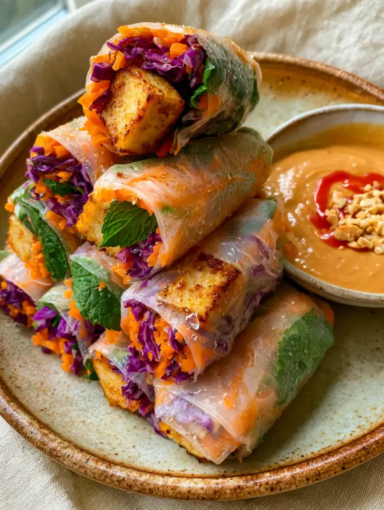 Vegan Rice Paper Rolls with Crispy Golden Tofu and Creamy Peanut Sauce 2 Extreme detail of water droplets on Vegan Rice Paper Rolls with julienned vegetables and seared tofu cubes visible through the paper.
