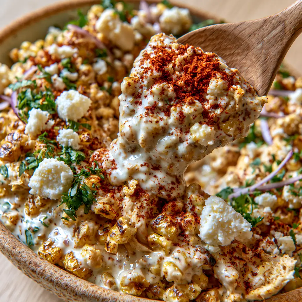 High Protein Chicken Street Corn Salad: The Ultimate Creamy Mexican-Inspired Lunch 1 A high-angle photo of the finished High protein chicken street corn salad featuring cotija cheese and fresh cilantro.