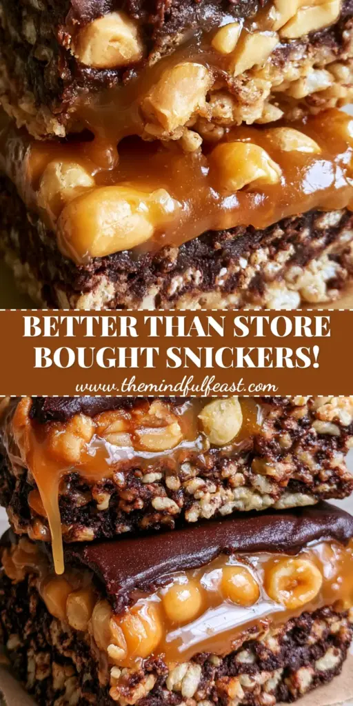 No Bake Crispy Snickers Bars: The Ultimate Gourmet Layered Treat 4 A stack of thick, gourmet No Bake Crispy Snickers Bars showing layers of dark cocoa puffed rice, golden salted caramel with peanuts, and dark chocolate ganache on parchment paper.