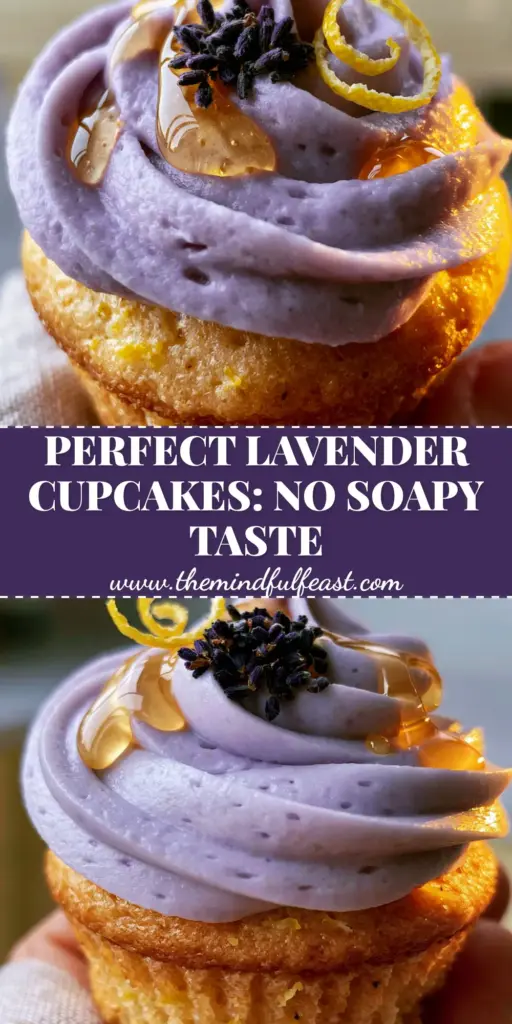 Lavender Cupcakes with Honey Buttercream and Fresh Lemon Zest 3 A close-up shot of gourmet lavender cupcakes with pastel purple honey buttercream, glistening honey drizzle, and fresh lemon zest spirals. (lavender cupcakes)
