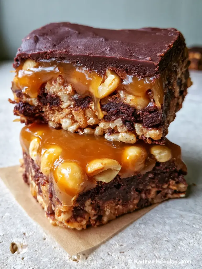 No Bake Crispy Snickers Bars: The Ultimate Gourmet Layered Treat 2 Close-up of No Bake Crispy Snickers Bars showing the crunchy cocoa puffed rice base and translucent caramel drip.