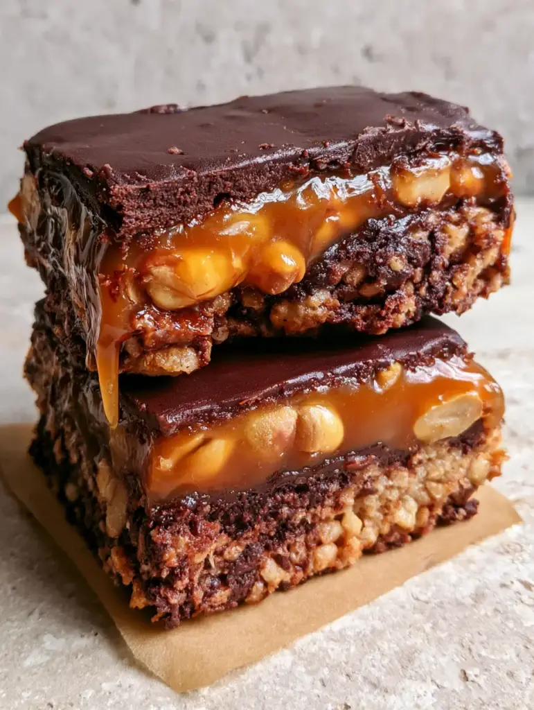 No Bake Crispy Snickers Bars: The Ultimate Gourmet Layered Treat 1 Top view of No Bake Crispy Snickers Bars with matte dark chocolate finish and flaky sea salt garnish.