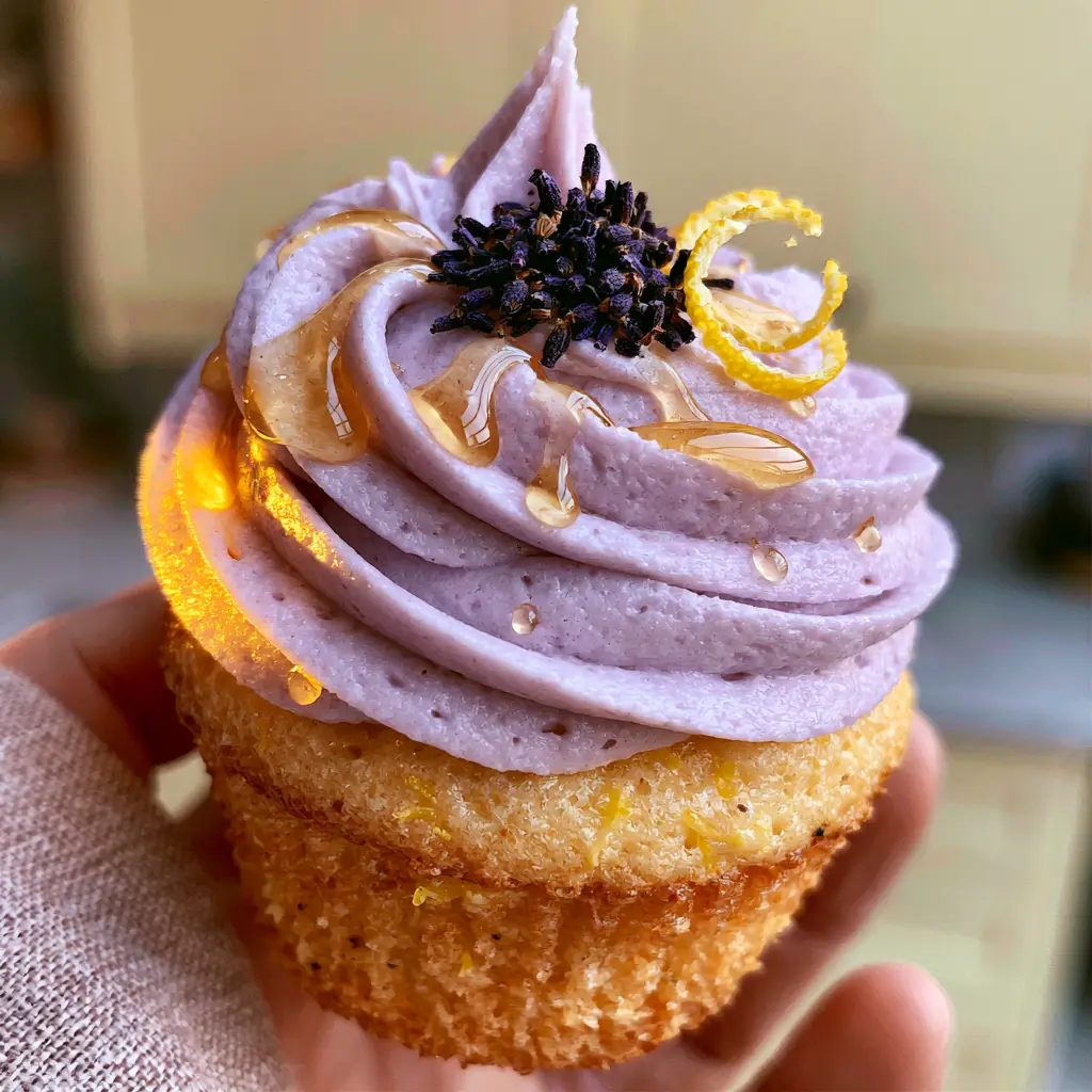 Lavender Cupcakes with Honey Buttercream and Fresh Lemon Zest 2 Macro photo of a single lavender cupcake held in a linen-covered hand, showcasing the thick purple frosting and honey droplets. (lavender cupcakes)