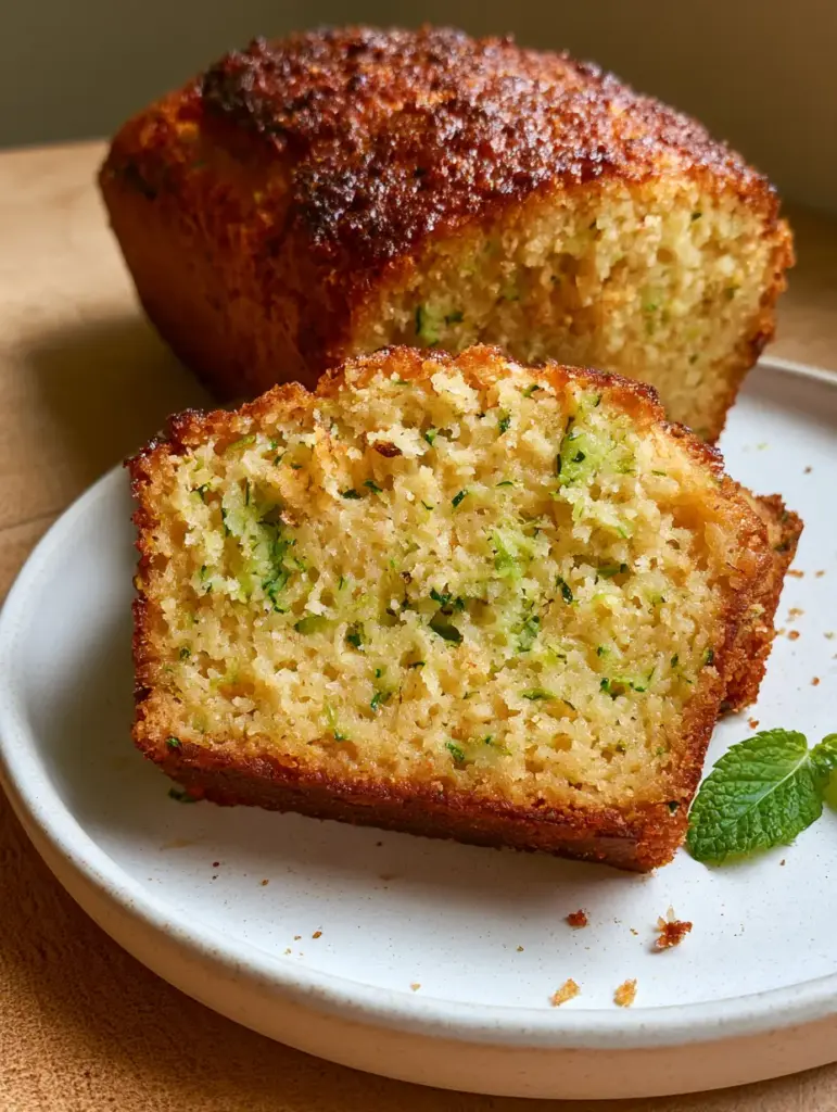Gluten Free Zucchini Bread with a Deeply Caramelized Almond Flour Crust 2 A moist slice of gluten free zucchini bread with visible green flecks and a caramelized crust on a wooden counter. (gluten free zucchini bread)