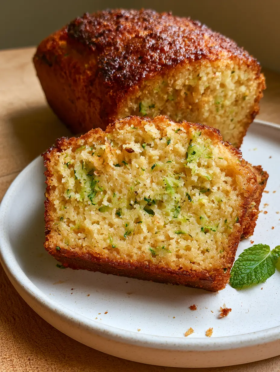 Gluten Free Zucchini Bread with a Deeply Caramelized Almond Flour Crust 3 A moist slice of gluten free zucchini bread with visible green flecks and a caramelized crust on a wooden counter. (gluten free zucchini bread)