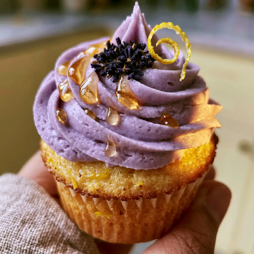 Lavender Cupcakes with Honey Buttercream and Fresh Lemon Zest 1 Detailed view of the golden-brown lemon-flecked sponge and matte purple buttercream peaks of these lavender cupcakes.