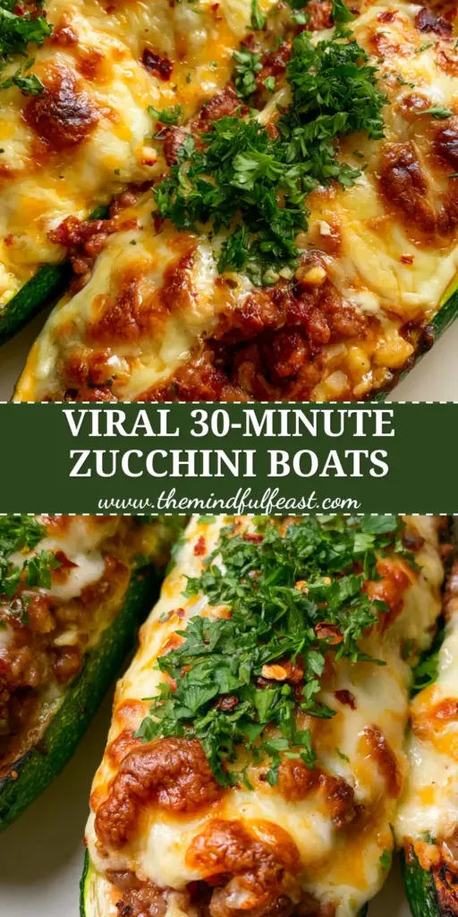 Zucchini Boats with Seared Beef and Bubbly Toasted Cheese 4 A top-down macro shot of three cheesy beef-stuffed zucchini boats with charred edges and golden toasted cheese bubbles.