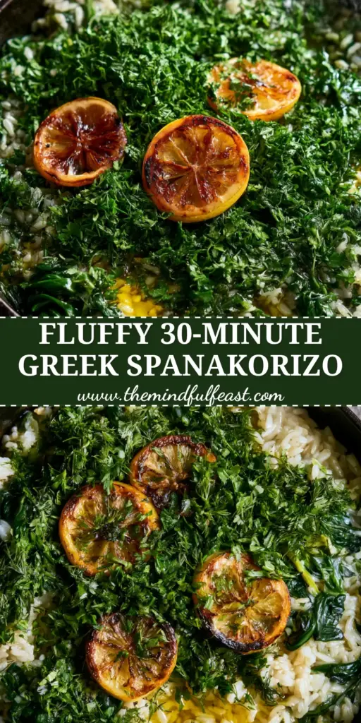 A top-down view of authentic Greek Spanakorizo in a black skillet garnished with charred lemon rounds, fresh dill, and a drizzle of olive oil.