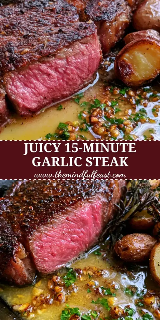 Juicy Steak Dinner: The Ultimate Pan-Seared Ribeye with Blistered Potatoes 3 A thick juicy steak dinner served in a cast iron skillet with bubbling garlic butter, charred rosemary, and blistered baby potatoes.