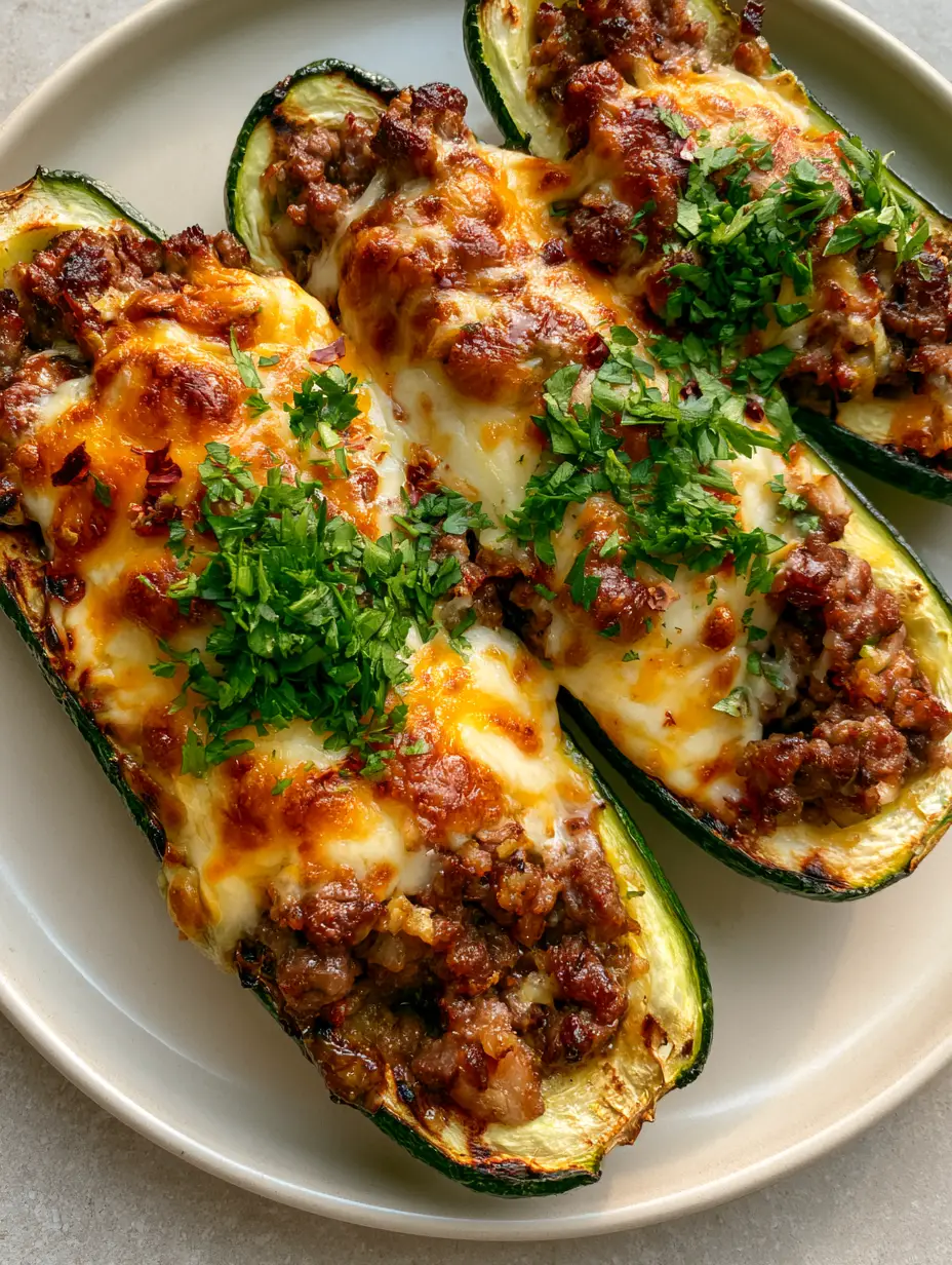 Zucchini Boats with Seared Beef and Bubbly Toasted Cheese 3 Close-up of roasted green zucchini halves filled with juicy browned ground beef and bubbly melted cheese.