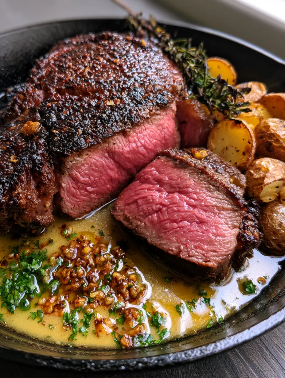 Juicy Steak Dinner: The Ultimate Pan-Seared Ribeye with Blistered Potatoes 4 Close-up of a succulent ribeye steak with a dark caramelized crust and tender pink medium-rare center. (juicy steak dinner)