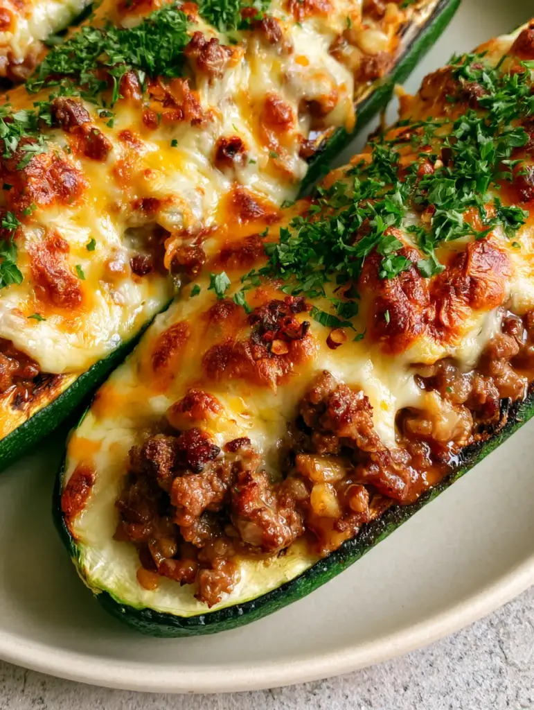Zucchini Boats with Seared Beef and Bubbly Toasted Cheese 1 Top-down view of three zucchini boats garnished with fresh parsley and red pepper flakes on a stone surface.