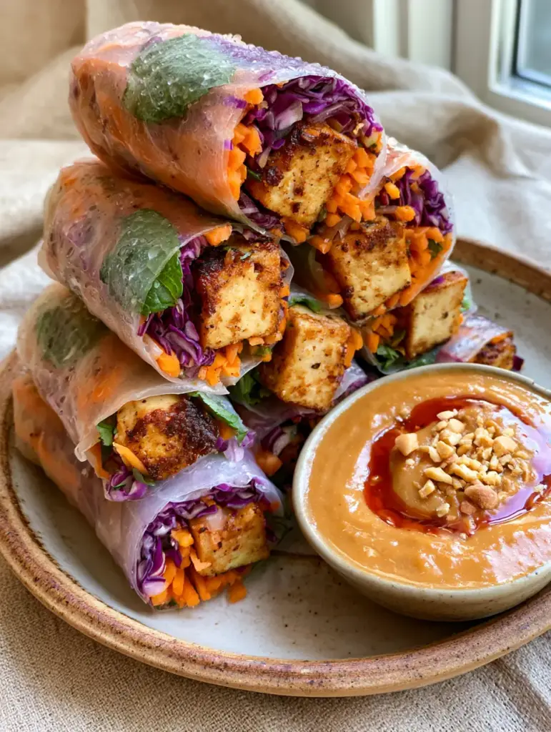 Vegan Rice Paper Rolls with Crispy Golden Tofu and Creamy Peanut Sauce 1 A small bowl of thick creamy peanut sauce with a red chili oil swirl and crushed peanuts next to Vegan Rice Paper Rolls.