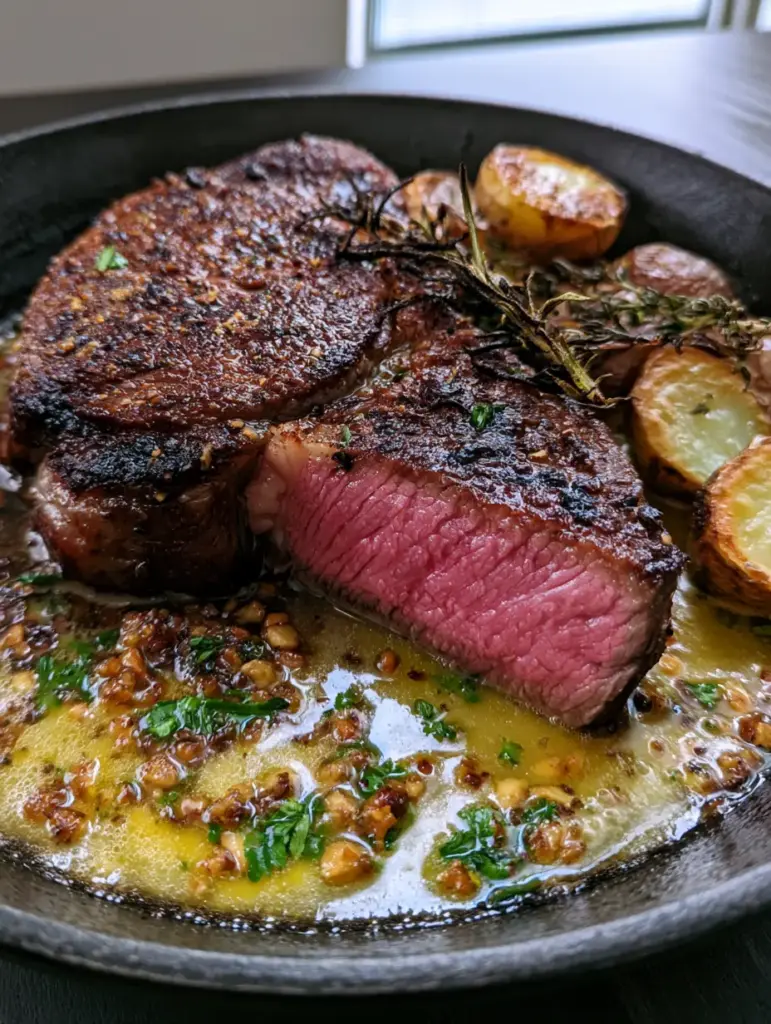 Juicy Steak Dinner: The Ultimate Pan-Seared Ribeye with Blistered Potatoes 1 Golden garlic butter bubbling around a seared steak with blistered baby potatoes and fresh herbs.