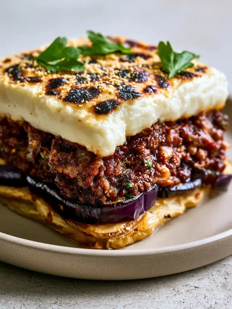 Greek Moussaka: The Ultimate Guide to a Perfectly Layered Mediterranean Classic 2 Close up of the leopard spotted bechamel crust on a Greek Moussaka square.