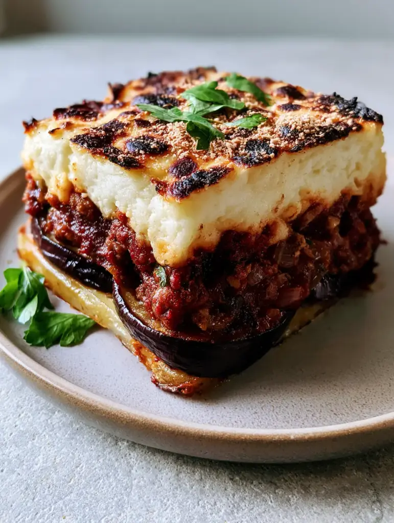 Greek Moussaka: The Ultimate Guide to a Perfectly Layered Mediterranean Classic 1 A side view of Greek Moussaka layers including roasted potatoes, purple-skinned eggplant, and thick meat sauce.