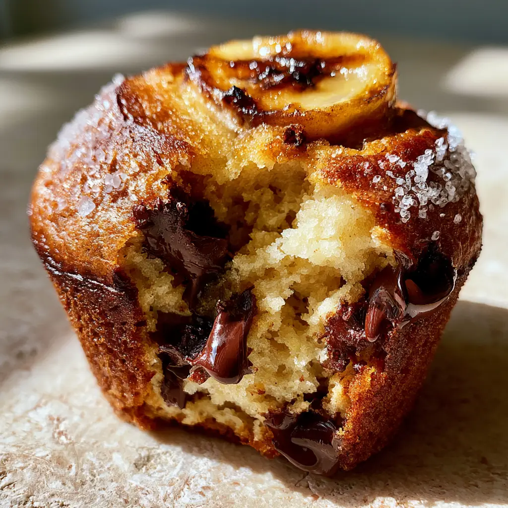 Banana Bread Muffins with Caramelized Banana and Dark Chocolate 2 Macro photo of a banana bread muffin pulled apart showing a moist, fluffy interior and melted chocolate.