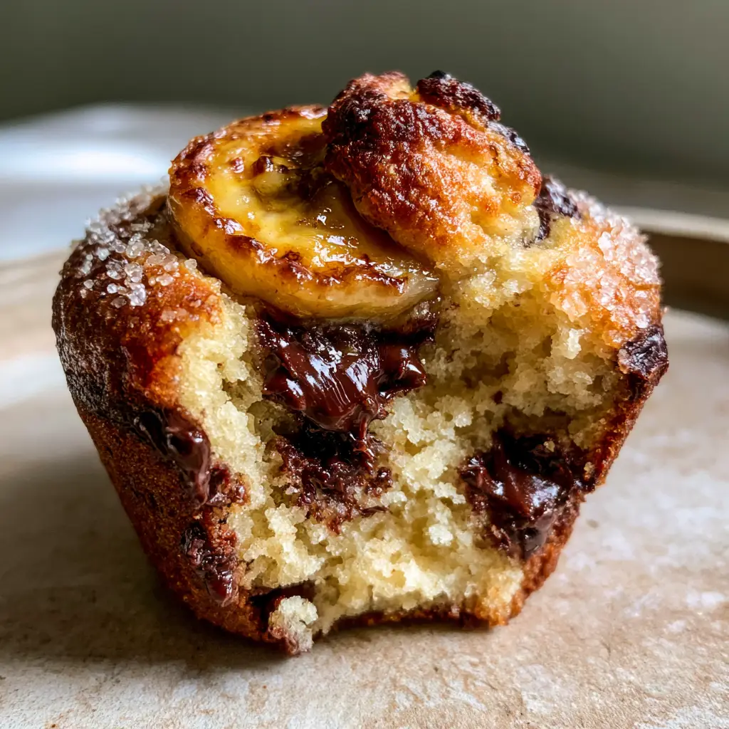 Banana Bread Muffins with Caramelized Banana and Dark Chocolate 1 Eye-level shot of a single banana bread muffin with a sparkling sugar crust and a caramelized banana topping.