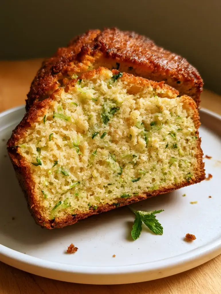 Gluten Free Zucchini Bread with a Deeply Caramelized Almond Flour Crust 1 Overhead shot of a deeply caramelized gluten free zucchini bread loaf on a rustic wooden surface.