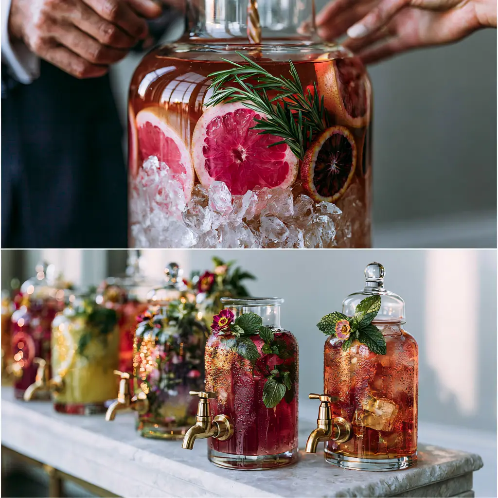 Hands pouring ruby-red liquid over crushed ice and citrus slices in a glass dispenser for outdoor wedding drinks.