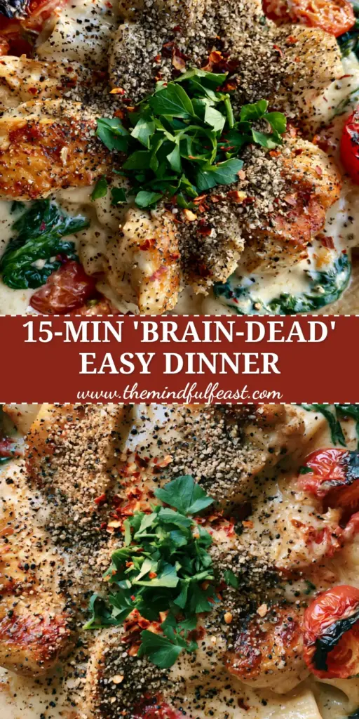 Easy Dinner Ideas: Creamy Tuscan Garlic Chicken Pasta with Blistered Tomatoes 4 A rustic cast iron skillet filled with creamy Tuscan garlic chicken pasta, charred cherry tomatoes, and rigatoni. (easy dinner ideas)