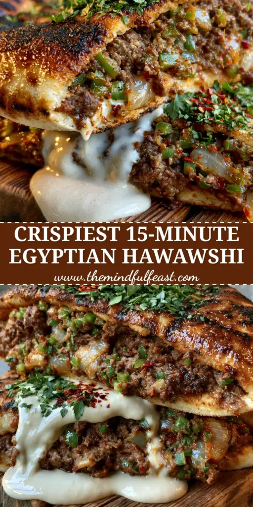 Egyptian Hawawshi: The Ultimate Crispy Meat-Stuffed Pita Guide 4 Stack of two crispy Egyptian Hawawshi halves on a wooden board with tahini drip and red Aleppo flakes.