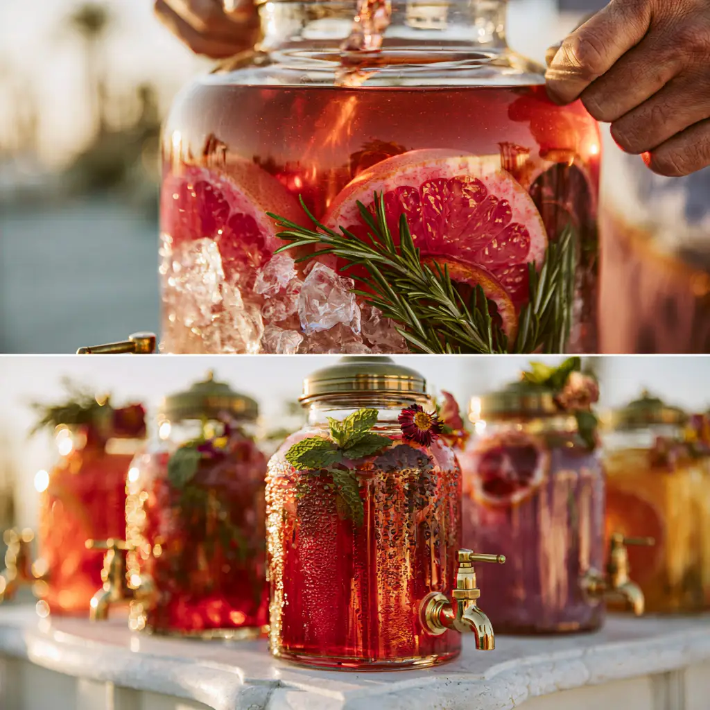 Outdoor Wedding Drinks: The Ultimate Blood Orange Hibiscus and Rosemary Infusion 1 A DIY wedding drink station with brass spigots and ruby-red beverages on a white stone table.