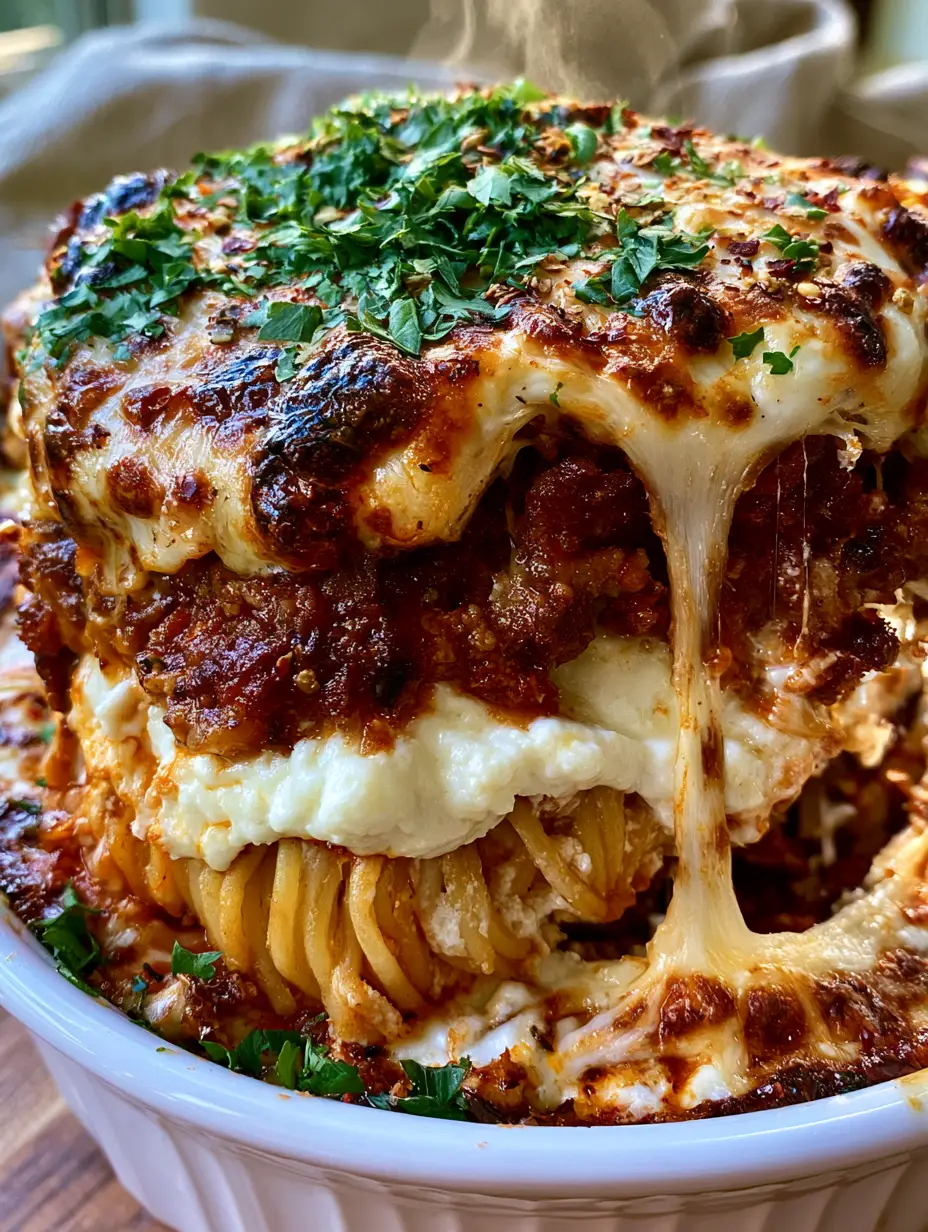 Million dollar spaghetti: The Ultimate Layered Comfort Food Bake 3 Extreme close up side view of a large scoop of Million dollar spaghetti showing distinct white cheese and red sauce layers.
