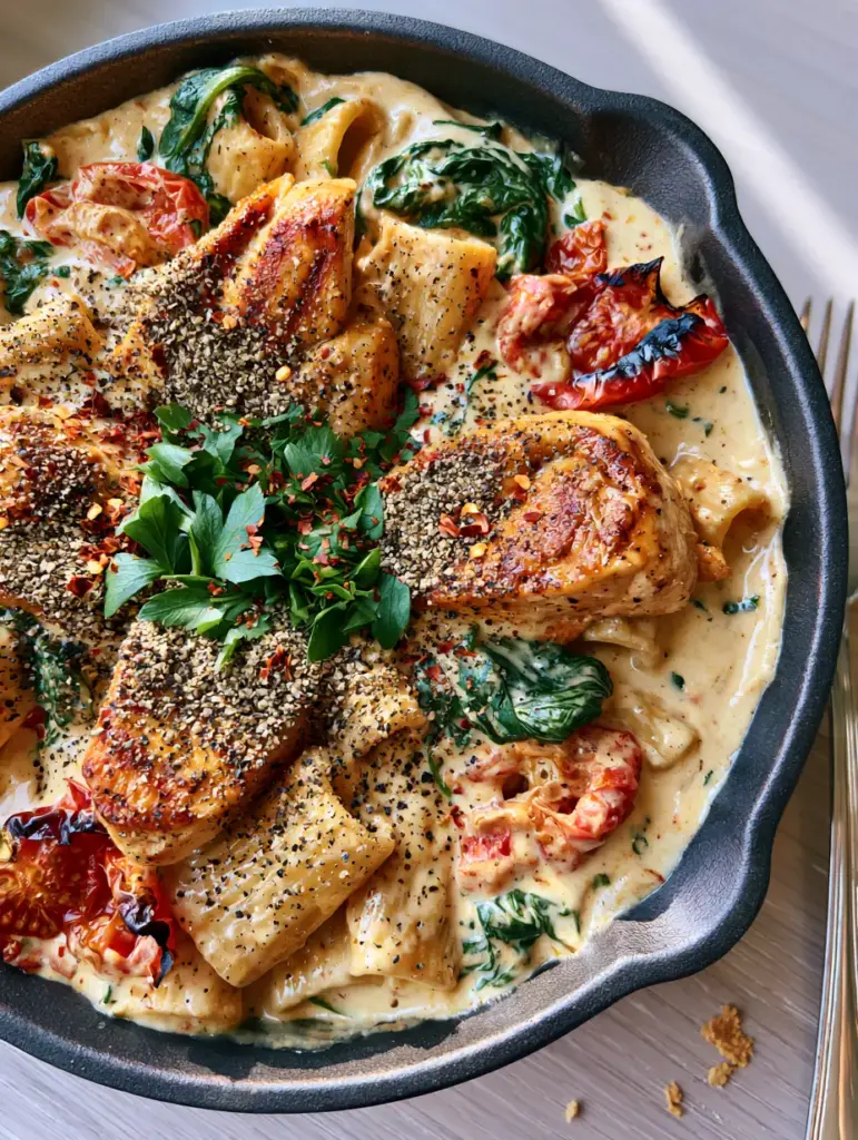 Easy Dinner Ideas: Creamy Tuscan Garlic Chicken Pasta with Blistered Tomatoes 2 Top-down view of golden seared chicken slices and rigatoni in a parmesan cream sauce inside a cast iron pan. (easy dinner ideas)