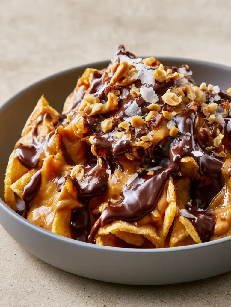 Peanut Butter Chocolate Frito Munch: The Ultimate Sweet and Salty Snack 2 Close-up handheld smartphone photo of Peanut Butter Chocolate Frito Munch in a grey bowl with soft natural daylight highlighting the melted chocolate.