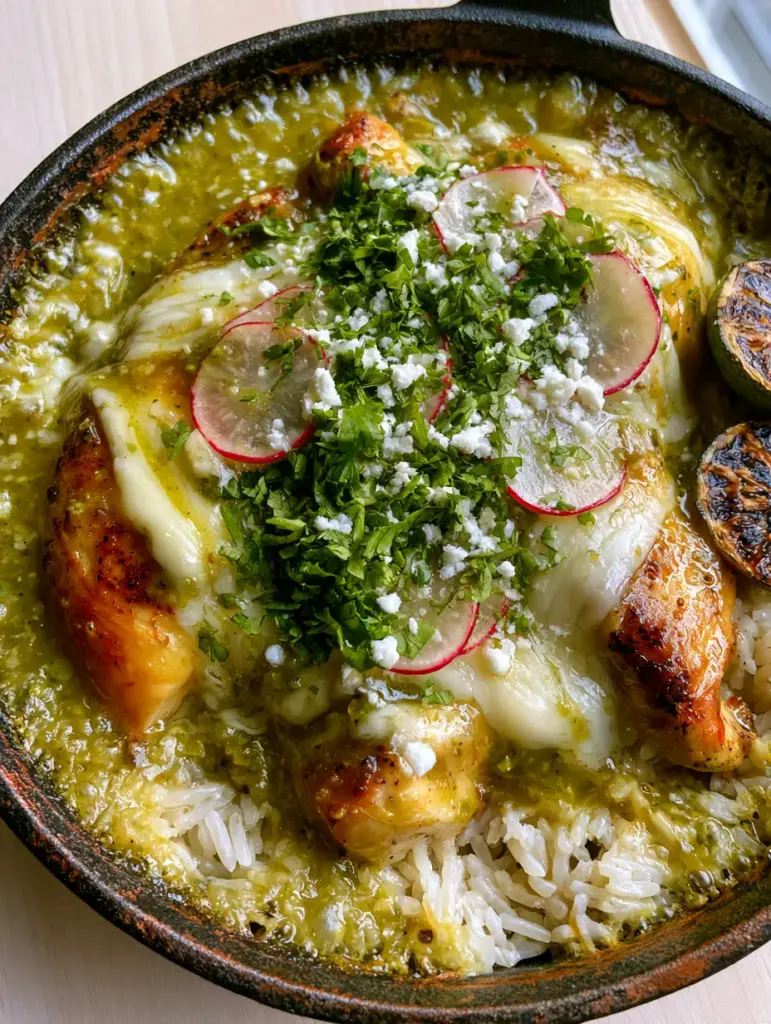Salsa Verde Chicken & Rice Skillet: The Zesty One-Pan Wonder 1 High-angle photo of a Salsa Verde Chicken & Rice Skillet showing translucent radish slices and charred limes.