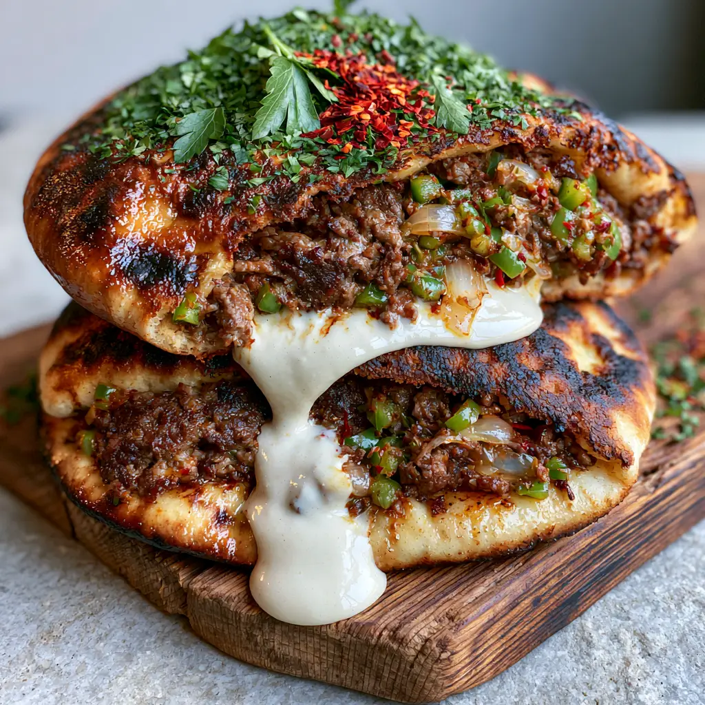 Egyptian Hawawshi: The Ultimate Crispy Meat-Stuffed Pita Guide 1 Smartphone photo of stacked Egyptian Hawawshi halves with creamy tahini dripping onto a stone background.