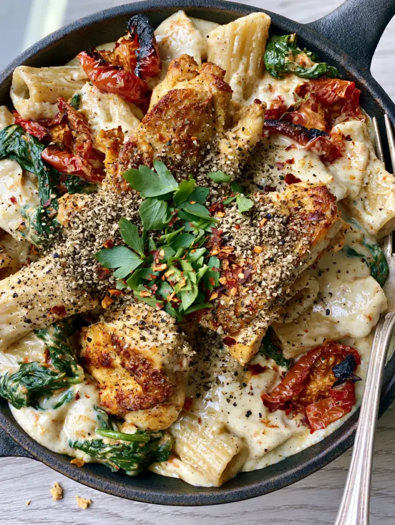 Easy Dinner Ideas: Creamy Tuscan Garlic Chicken Pasta with Blistered Tomatoes 1 A close up of al dente rigatoni pasta with wilted spinach and blistered tomatoes in a creamy sauce. (easy dinner ideas)