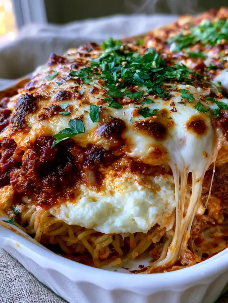 Million dollar spaghetti: The Ultimate Layered Comfort Food Bake 1 A molten cheese pull from a freshly baked Million dollar spaghetti dish with charred parmesan bubbles and parsley.