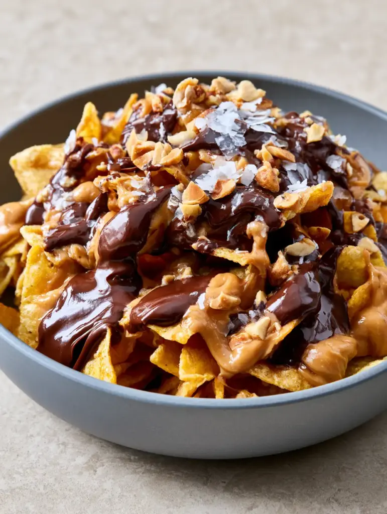 Peanut Butter Chocolate Frito Munch: The Ultimate Sweet and Salty Snack 1 Overhead view of Peanut Butter Chocolate Frito Munch showing the lavish drizzle of peanut butter and dark chocolate ribbons.