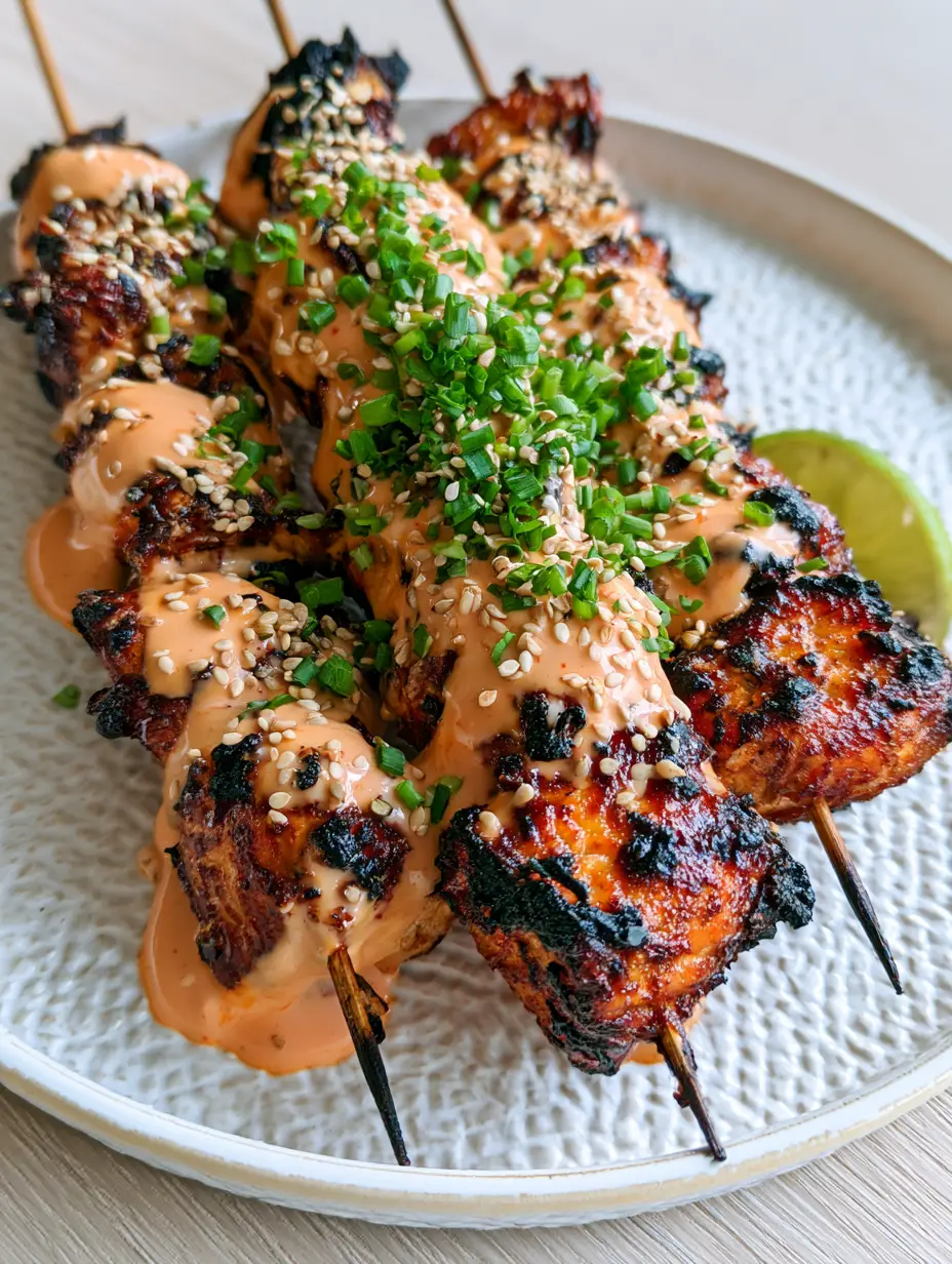 Bang Bang Chicken Skewers: The Ultimate Crispy Air-Fried Appetizer 3 Three air-fried Bang Bang Chicken Skewers on a white ceramic plate with scallions and lime.