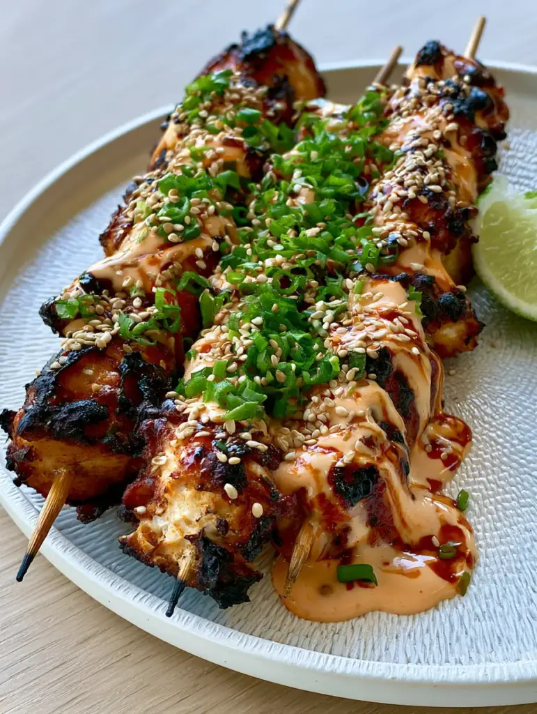 Bang Bang Chicken Skewers: The Ultimate Crispy Air-Fried Appetizer 1 Detailed view of the thick sriracha-mayo sauce dripping off Bang Bang Chicken Skewers.