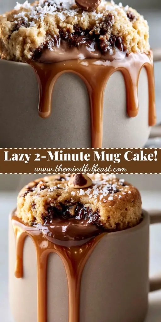 A decadent chocolate chip cookie mug cake with caramel drizzle and flaky sea salt. (microwave mug snacks)