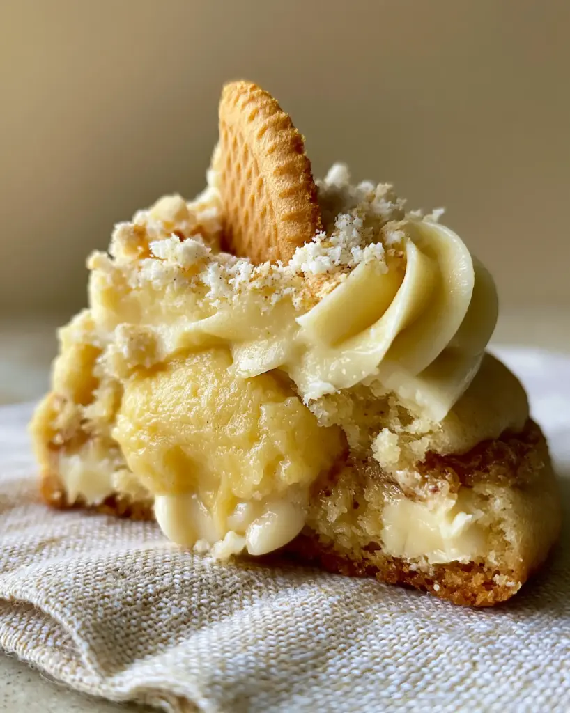 Banana Pudding Cookies: The Ultimate Soft-Baked Gourmet Recipe 2 Close-up of a broken banana pudding cookie revealing a gooey golden-yellow center and melted white chocolate chips. (banana pudding cookies)