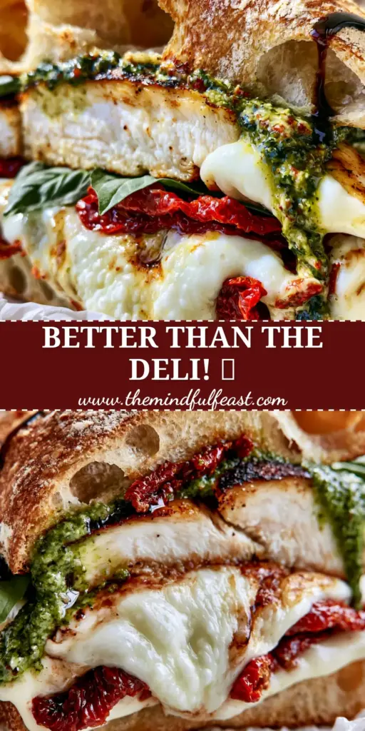 Ciabatta Sandwich: The Ultimate Gourmet Pesto and Seared Chicken Press 4 A close-up shot of a sliced ciabatta sandwich featuring seared chicken, melted mozzarella, and dripping green pesto on parchment paper.