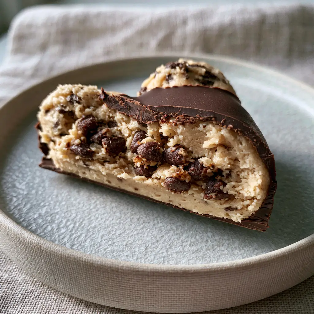 Chocolate Covered Cookie Dough Hearts: A Decadent No-Bake Masterpiece 2 Handheld photo of a heart-shaped chocolate-covered cookie dough bite sliced in half on a gray dish. (chocolate covered cookie dough hearts)