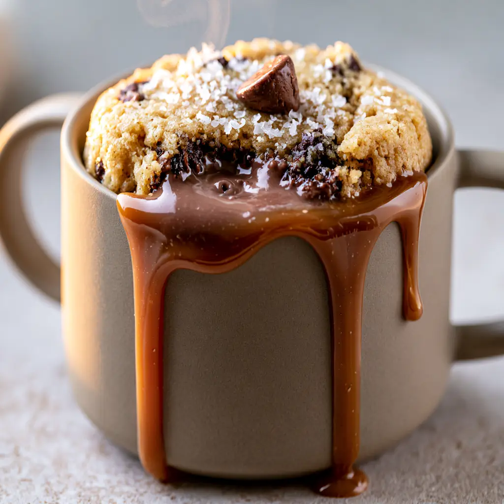 A handheld shot of a warm cookie mug cake with caramel sauce running down the side.