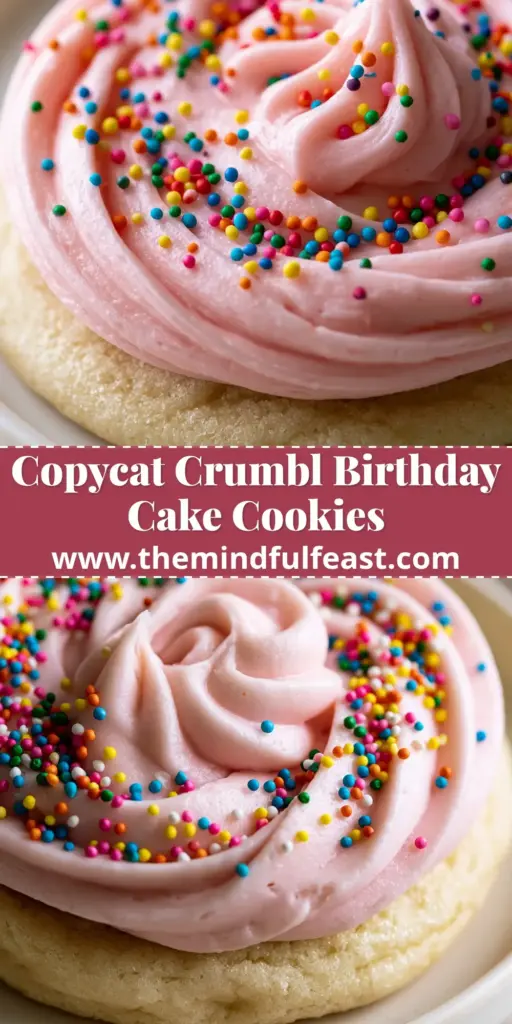 A giant, thick birthday cake cookie with pastel pink cream cheese frosting swoops and rainbow nonpareil sprinkles on a white plate.