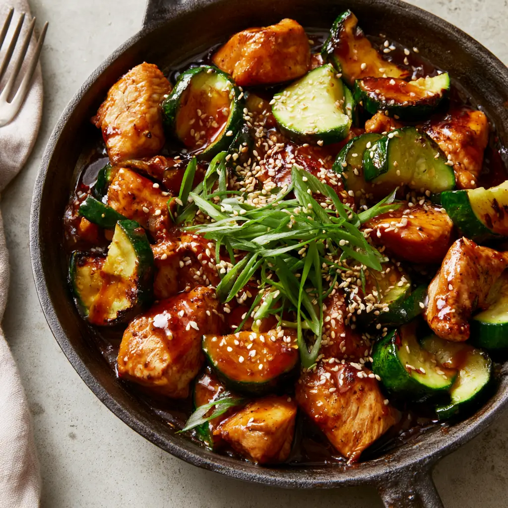 Glossy dark amber sauce pooling around vibrant green zucchini half-moons in a skillet. (Chicken Zucchini Stir Fry)