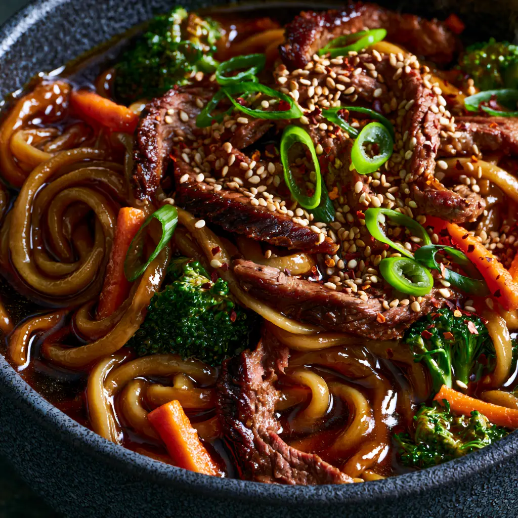 Asian dinner recipes: The Best Glazed Beef Lo Mein with Ginger and Soy 2 Extreme macro close-up of glossy lo mein noodles and seared flank steak with dark amber sauce. (Asian dinner recipes)