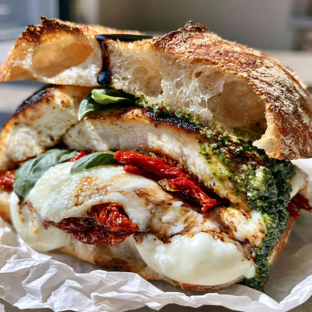 Ciabatta Sandwich: The Ultimate Gourmet Pesto and Seared Chicken Press 2 Extreme close-up of a toasted ciabatta sandwich with visible air pockets, melted cheese, and fresh basil. (ciabatta sandwich)