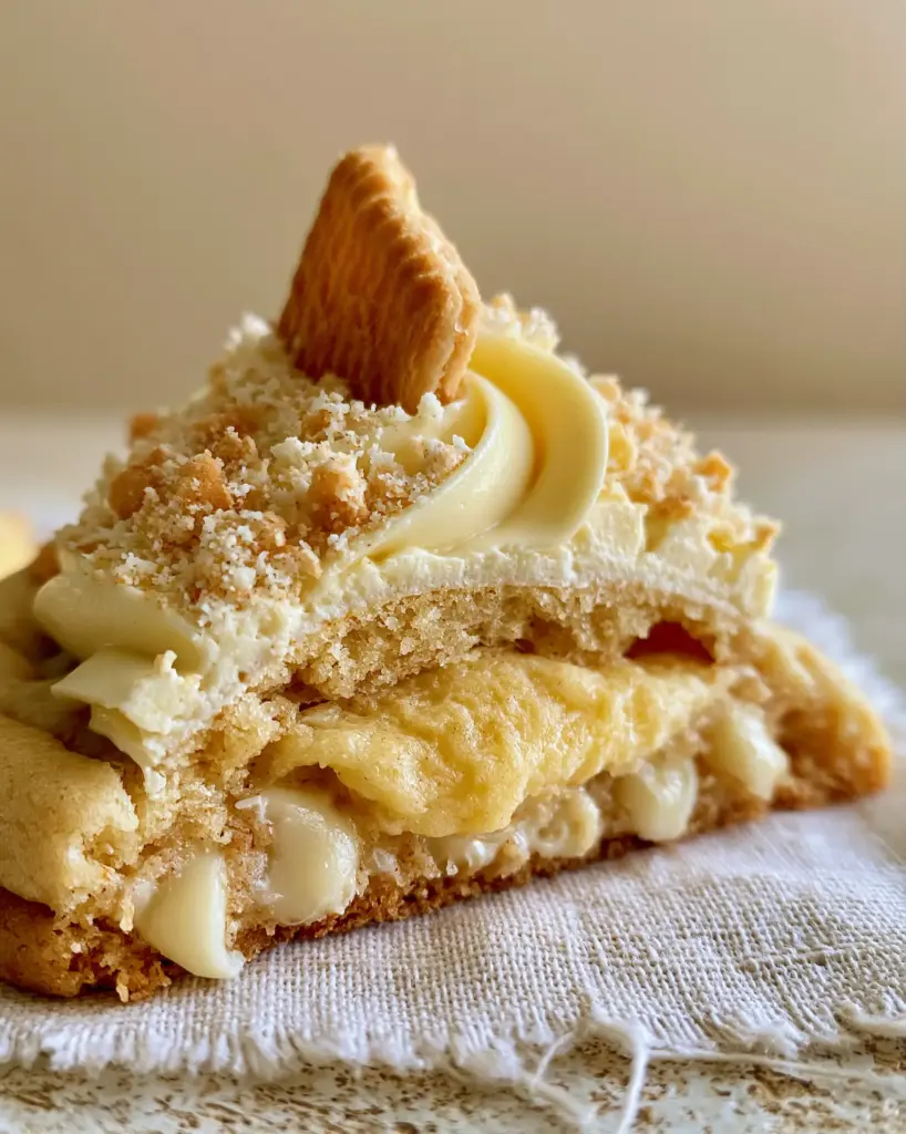 Banana Pudding Cookies: The Ultimate Soft-Baked Gourmet Recipe 1 A thick gourmet banana pudding cookie with a swirl of pale yellow frosting and Nilla wafer garnish.