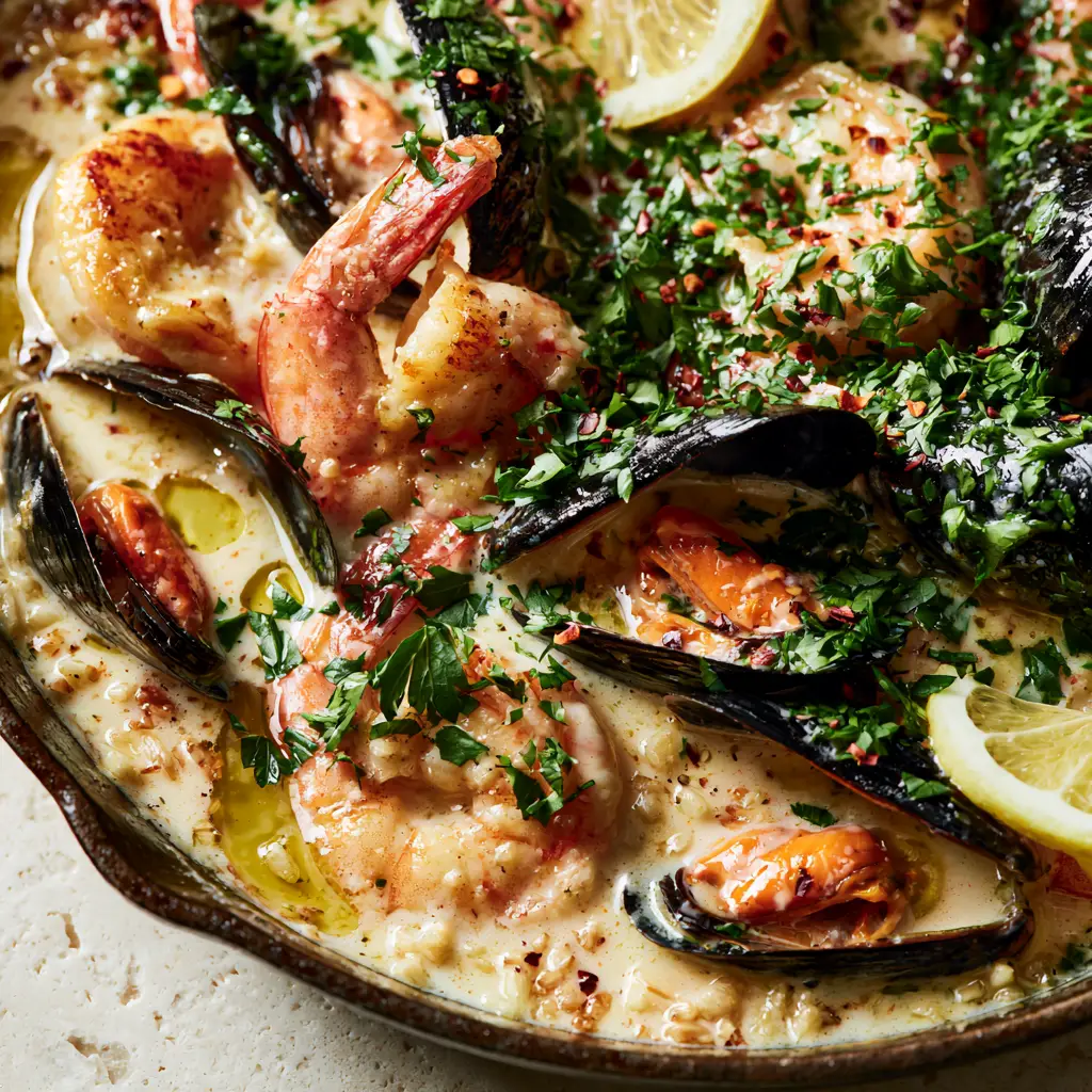 Shrimp and Mussels in Creamy Garlic Sauce: The Ultimate Skillet Feast 2 Close up of seared jumbo shrimp and open mussels in a velvety garlic cream sauce with golden butter pools. (Shrimp and Mussels in Creamy Garlic Sauce)