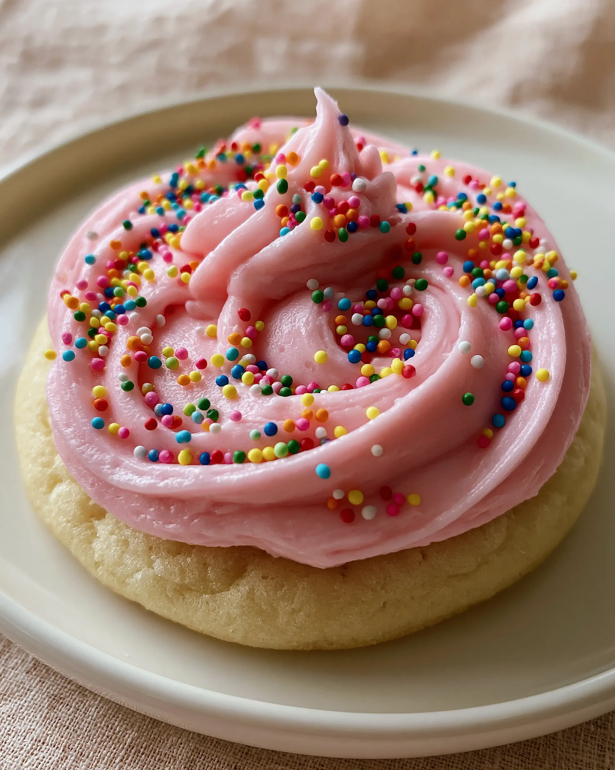 Extreme close-up of a soft-baked sugar cookie base with thick pink frosting swoops and rainbow sprinkles. (birthday cake cookies)