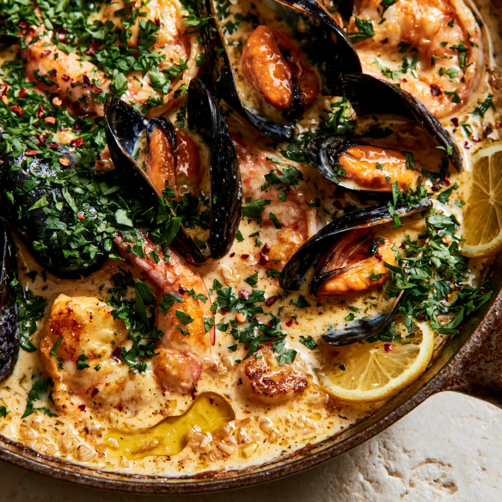 Shrimp and Mussels in Creamy Garlic Sauce: The Ultimate Skillet Feast 1 A top-down view of the rustic cast iron skillet featuring mussels, shrimp, lemon slices, and fresh parsley.